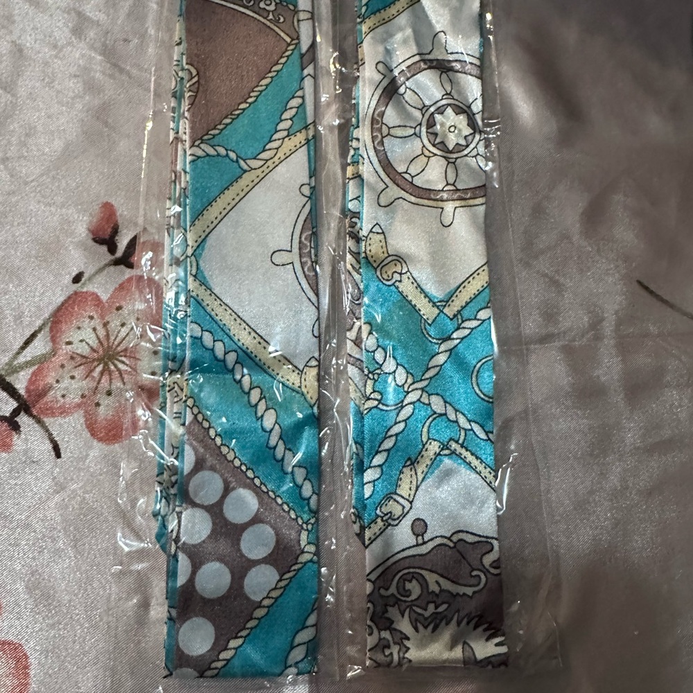 Blue and Brown Nautical Print twilly Scarf set